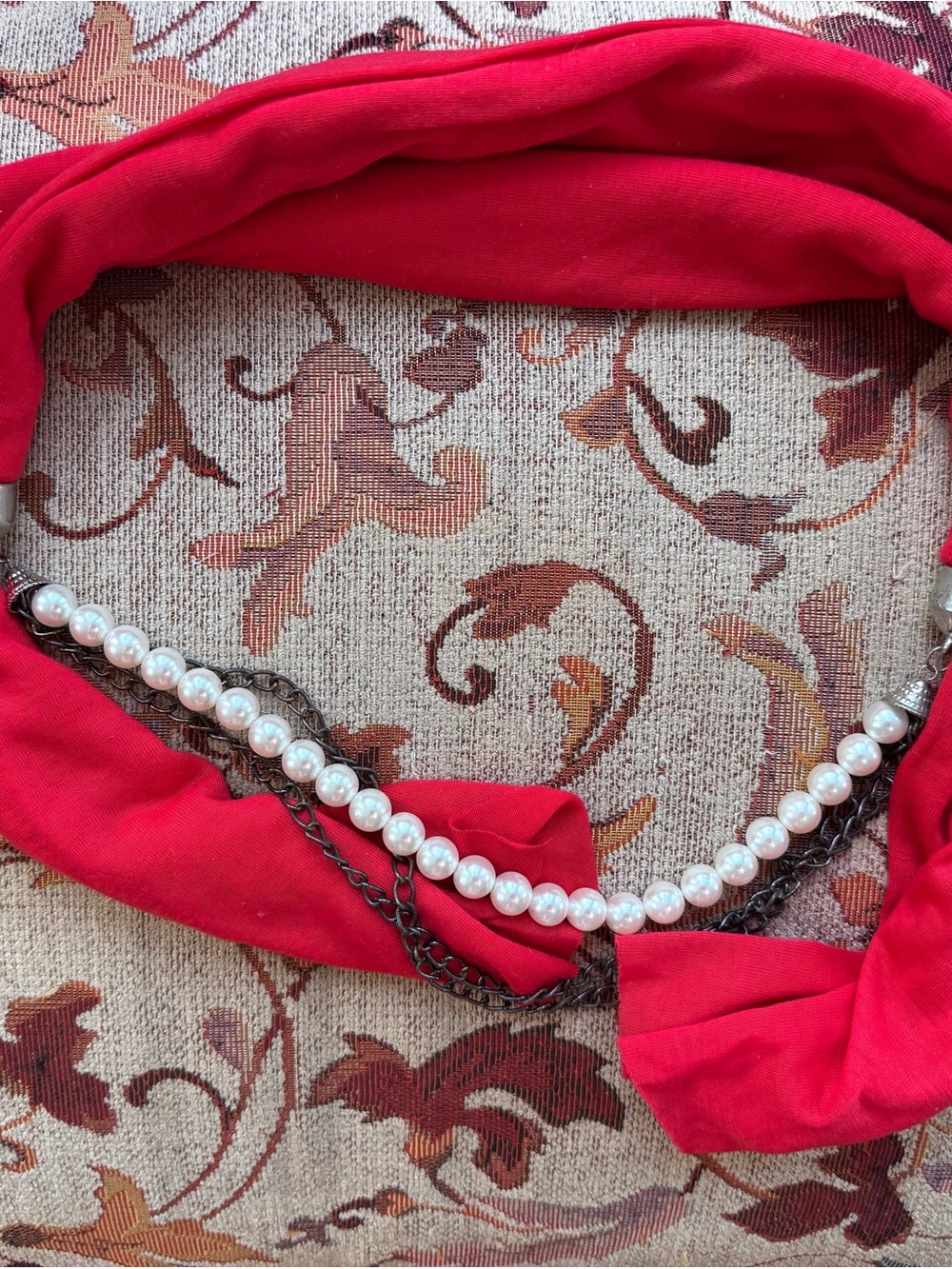 Red Fabric Scarf Necklace with Faux Pearl & Chain Accent